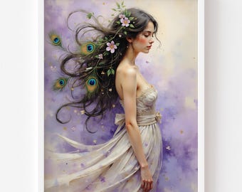 Woman Portrait Print – Dreamy Watercolor Floral Cottagecore Wall Art (Digital Download)