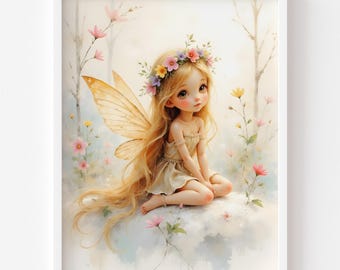 Fairy Wall Art, Cottagecore Fairy Girl Illustration - Pastel Nursery Decor, Whimsical Children's Room Art, Floral Digital Download