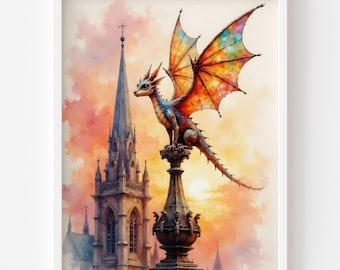 Fantasy Dragon Watercolor Painting – Gothic Spire, Fairytale Wall Art (Digital Download)