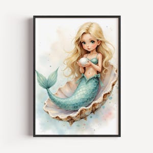 人魚の女の子の子供部屋アート、シーフォームグリーンとブラッシュピンクの水彩画（デジタルダウンロード）