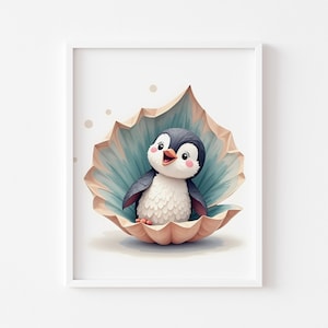 Cute Baby Penguin in Shell Nursery Wall Art - Printable Winter Animal Decor, Kids Room Adorable Penguin Print, Digital Download 193