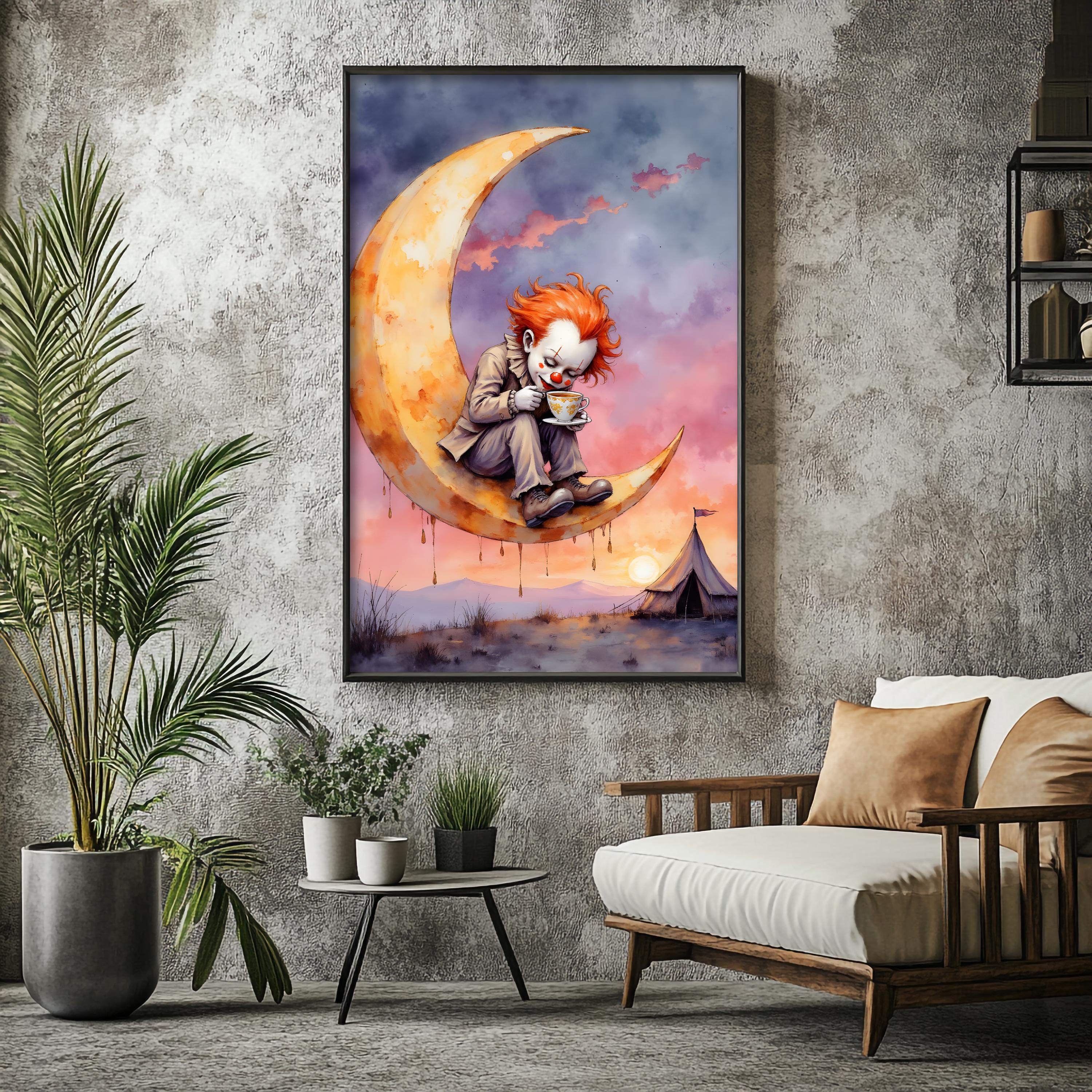 Melancholy Clown Moon Watercolor Print | Moody Circus Tent Wall