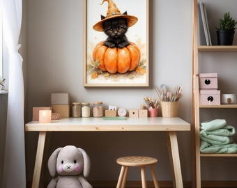 Black Cat Halloween Printable Wall Art, Pumpkin Witch Cat Watercolor, Spooky Autumn Decor, Digital Download