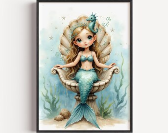 Mermaid Art Print, Whimsical Girl in Seashell, Under the Sea Nursery Decor