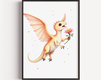 Whimsical Dragon Nursery Art – Pastel Fantasy Decor, Baby Dragon Flower (Digital Download)