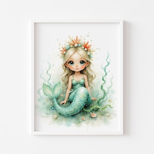 Enchanting Mermaid Printable Art - Cute Undersea Fantasy Decor, Children&#39;s Wall Art, Magical Ocean Mermaid Illustration, Nursery Print 315