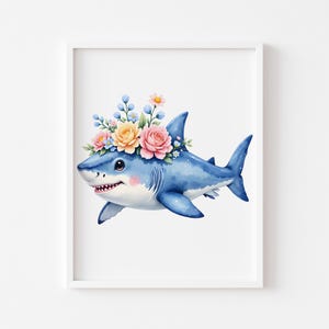 Floral Crown Shark Print: Whimsical Sea Life Nursery Art (Digital Download 34)