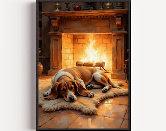 Cozy Beagle by Fireplace Printable Art – Rustic Farmhouse Dog Illustration (Digital Download)