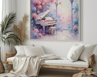Puede incluir: Una impresión en acuarela enmarcada representa un piano de cola en un entorno floral y de ensueño. El piano es de color rosa claro, con un taburete a juego. Flores rosas y azules rodean el piano, con una paleta de colores pastel suaves. La obra de arte está sobre un diván de madera.