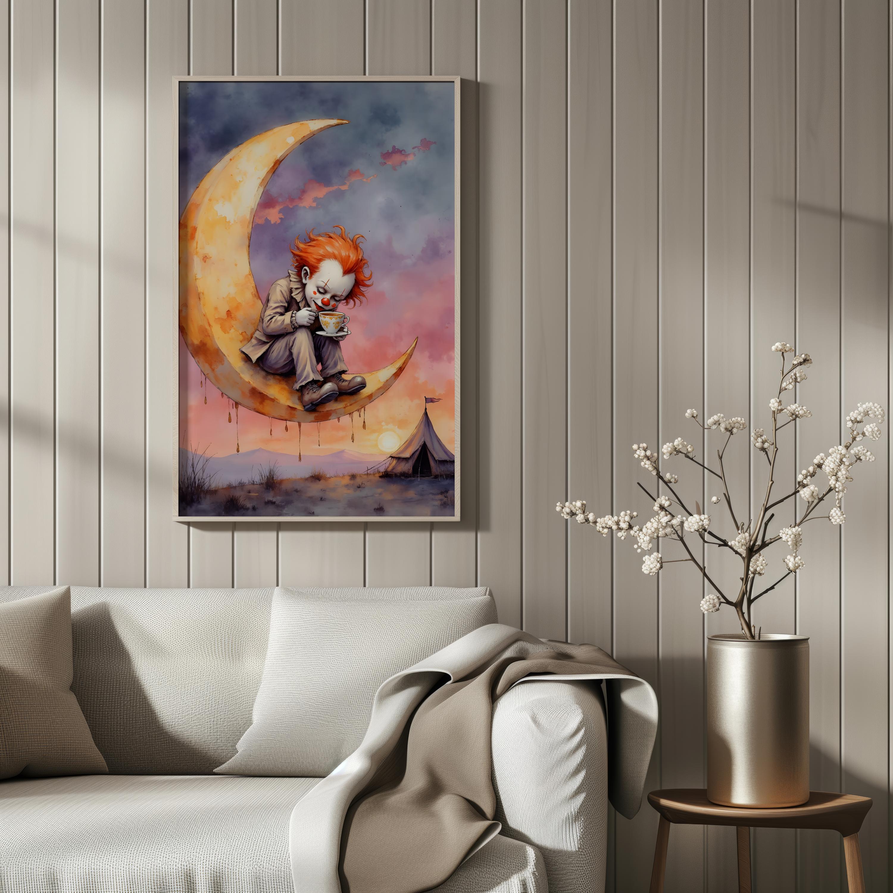 Melancholy Clown Moon Watercolor Print | Moody Circus Tent Wall