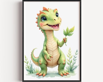 Green Dinosaur Watercolor Print – Nursery Wall Art (Digital Download)