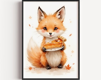 Lámina con diseño de zorro acogedor y tarta de calabaza – Arte infantil otoñal en acuarela (descarga digital)