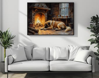 Dog by Fireplace Art Print – Rustic Log Cabin Hygge Decor (Digital Download)