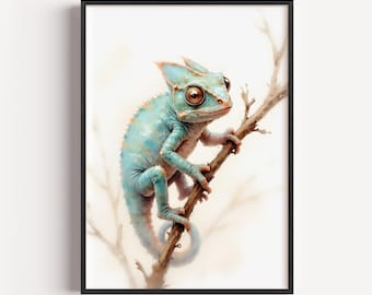 Aquarell Chamäleon Kinderzimmer Kunst, Petrol Türkis Reptil Druck (Digitaler Download)