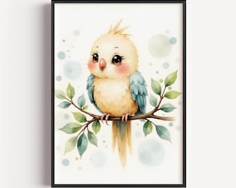 Cockatiel Watercolor Print – Whimsical Bird Nursery Art (Digital Download)