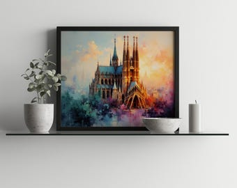 Gothic Cathedral Print – Moody Sunset Architecture, Painterly Sky Wall Art (Digital Download)