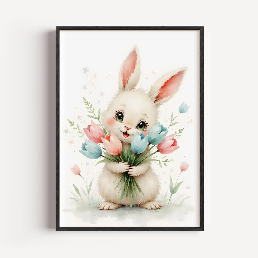 Fluffy Bunny With Tulips Printable - Adorable Nursery Wall Art, Cute ...