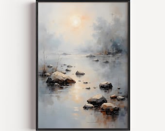 Serene Printable Riverscape in Mist - Moody Watercolor Art, Neutral Foggy Landscape, Calm Waters, Tranquil Wall Decor, Digital Download