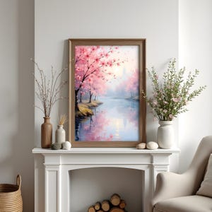 Romantische Flusslandschaft, Wandbild mit rosa Blüten, Cottagecore-Druckvorlage, digitaler Landschafts-Download