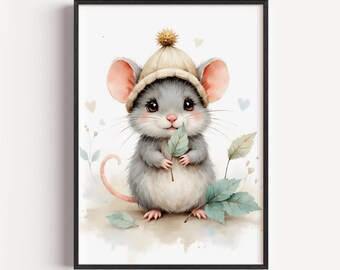 Charming Mouse Autumn Hat Print – Watercolor Woodland Nursery Art (Digital Download)
