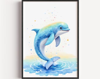 Speelse dolfijnaquarelkunst – Vrolijke kinderkamerdecoratie oceaan (digitale download)