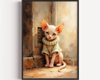 Rustic Sphynx Cat in Knitted Sweater - Cozy Wall Art, Moody Realistic Digital Painting, Neutral Decor, Vintage-Inspired Printable