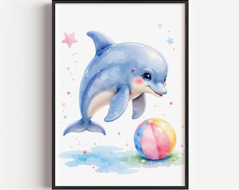 Speelse dolfijnaquarelkunst – pastel oceaan kinderkamer kustillustratie (digitale download)