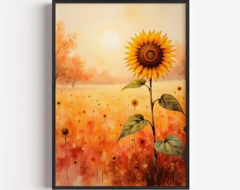 Sunflower Field Watercolor Print – Rustic Autumn Farmhouse Decor (Digital Download)