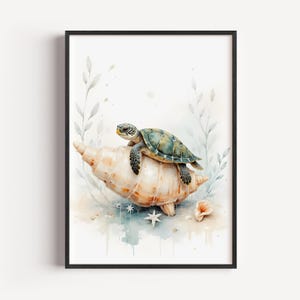 Watercolor Baby Sea Turtle on Shell Print - Coastal Nursery Wall Art, Pastel Beach Decor, Starfish and Seaweed Touch, Download