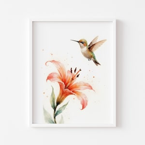 Hummingbird and Lily Art Print: Cottagecore Botanical Wall Decor (Digital Download 129)