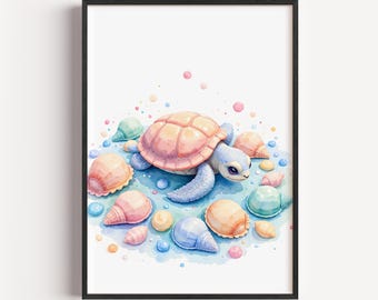Pastel Sea Turtle Printable Nursery Art - Coastal Baby Room Decor, Cute Watercolor Illustration, Kid's Wall Art, Digital Download