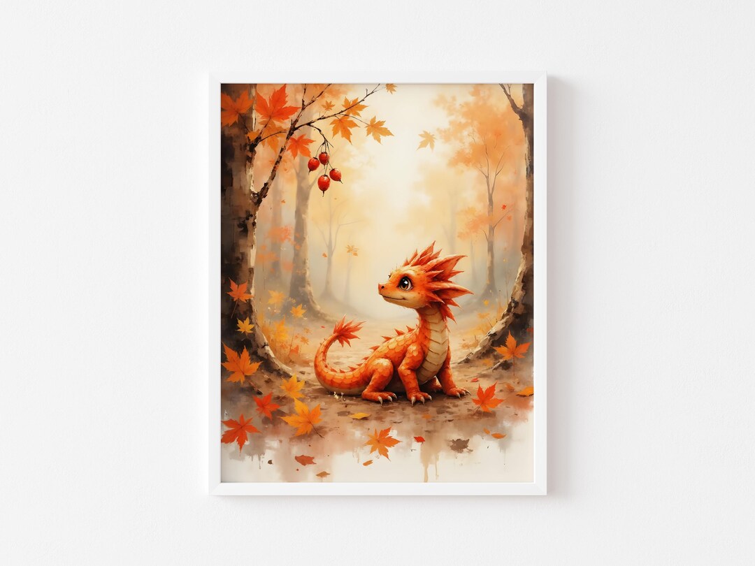 Autumn Woodland Mystical Dragon Art- Printable Fantasy Scene in Vibrant ...
