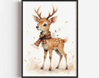Cute Rustic Fawn in Plaid - Cozy Autumn Nursery Art, Printable Woodland Deer Painting, Farmhouse Fall Decor, Digital Download Artwork