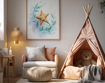 Starfish Print, Ocean Nursery Art for Kids, Watercolor Digital Download