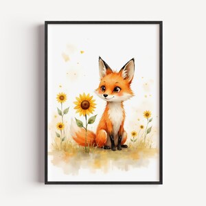 Lindo zorro en un campo de girasoles para imprimir - Arte rústico en acuarela, decoración acogedora estilo cottagecore para la habitación del bebé, arte de pared otoñal para descargar digitalmente