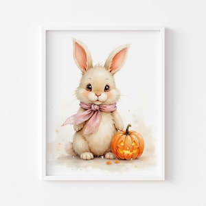 Autumn Bunny with Pumpkin Printable - Cute Fall Animal Art, Rustic Cottagecore Wall Decor, Cozy Nursery Print, Digital Download 237