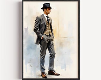 Vintage Herrenmode druckbare Wandkunst - eleganter Gentleman im Anzug, Retro-Stil-Illustration, neutrale Farben, digitaler Download