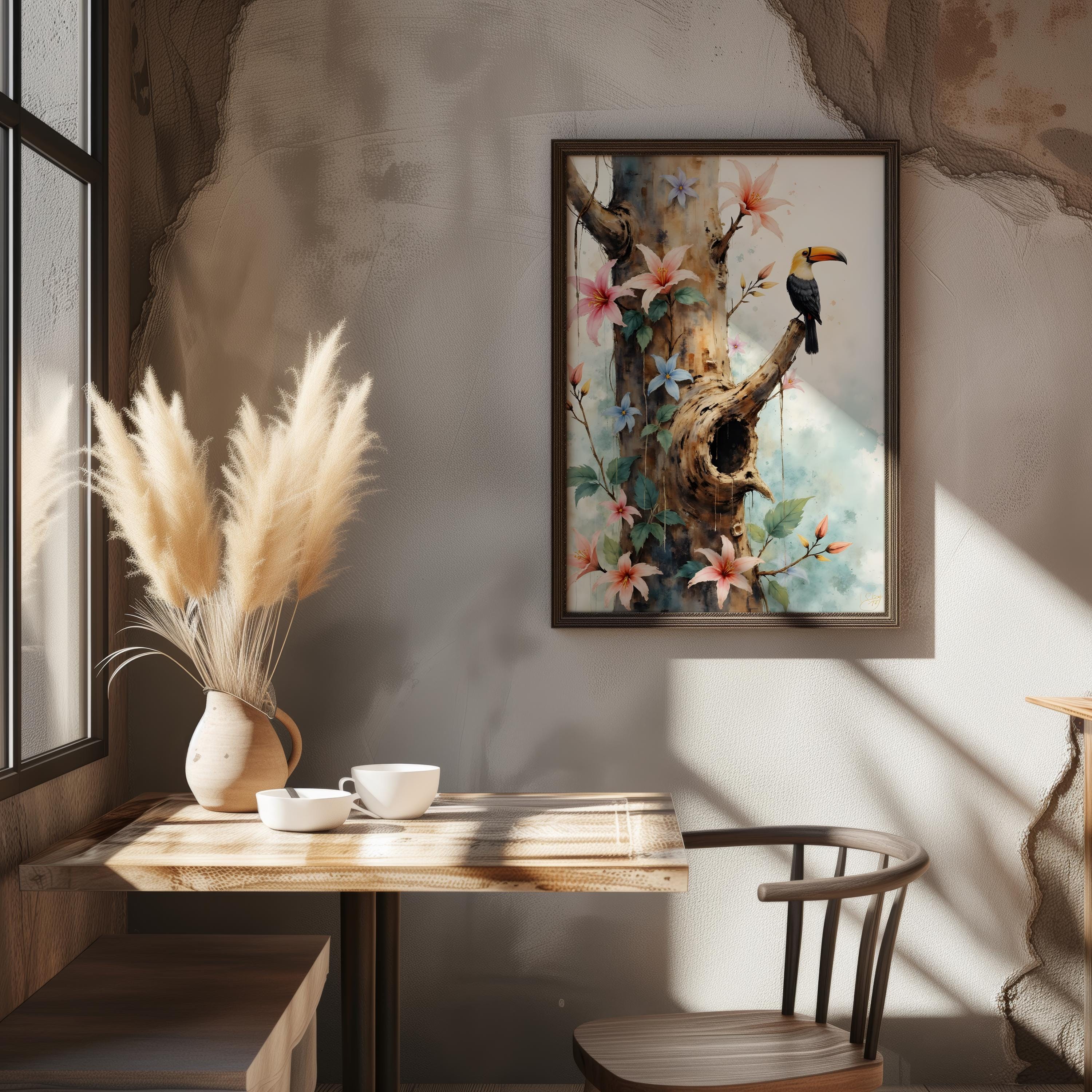 熱帯のオオハシの水彩画プリント – 穏やかな植物画の壁掛けアート