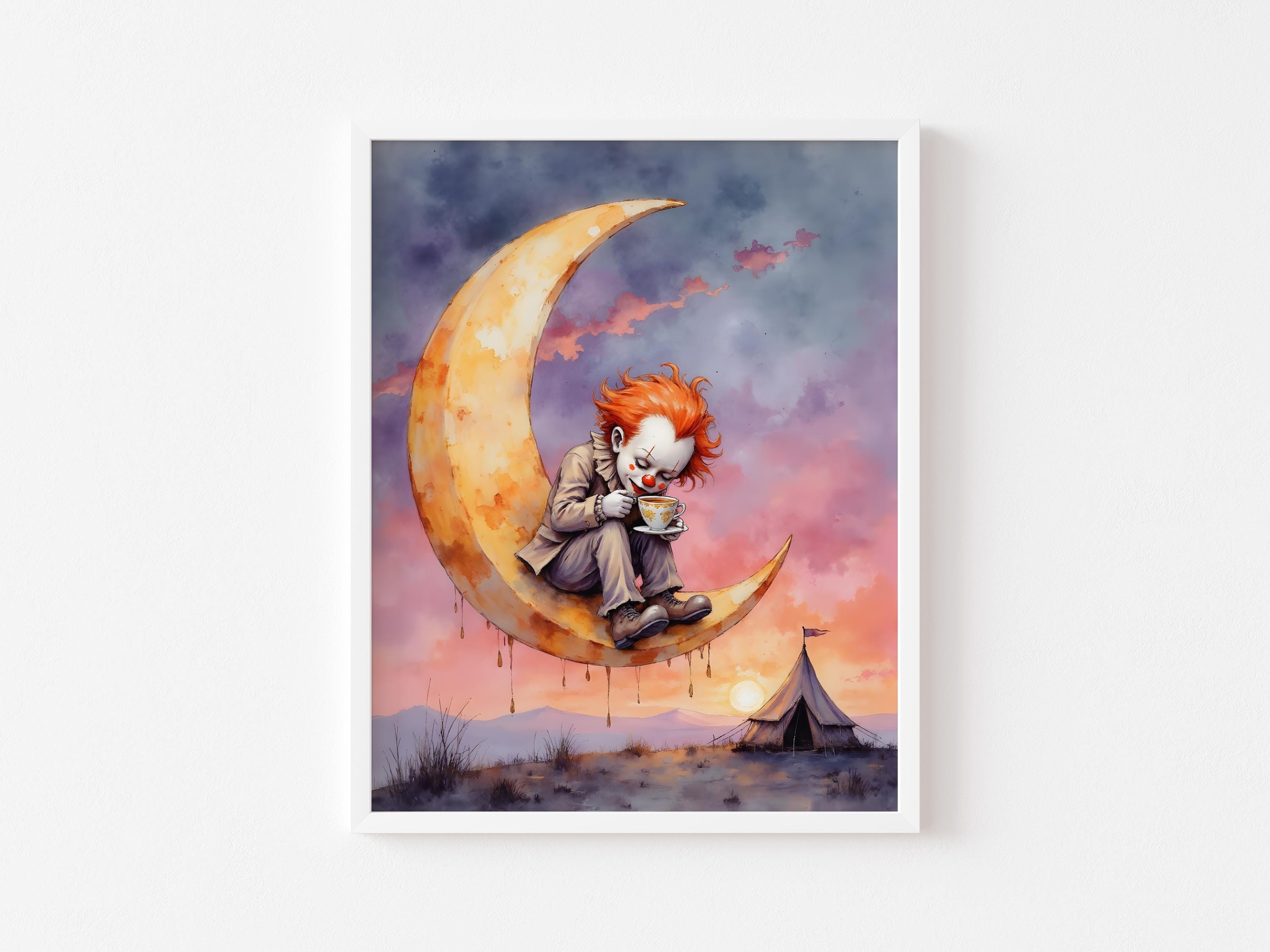 Melancholy Clown Moon Watercolor Print | Moody Circus Tent Wall