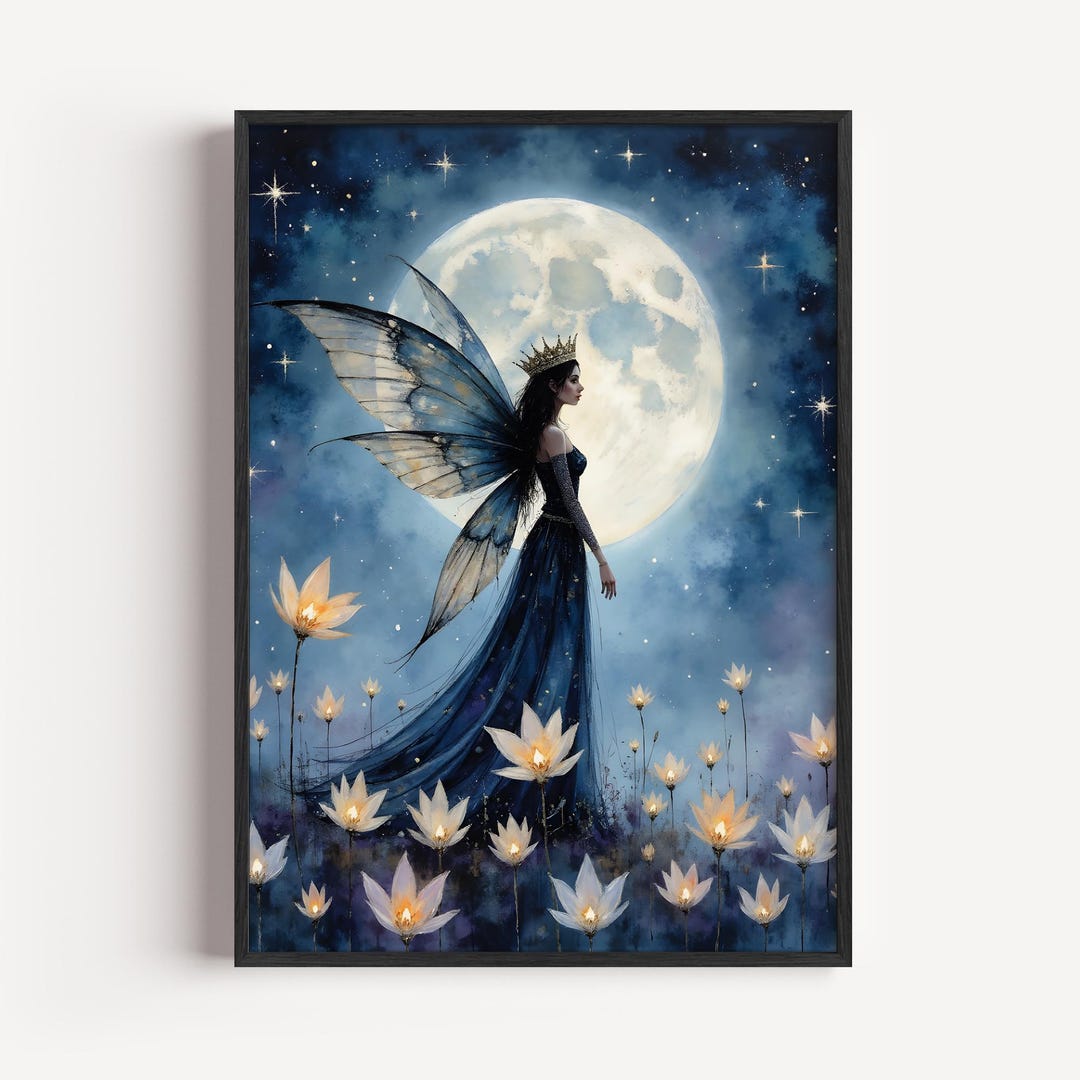 Moody Fairy Queen With Moon - Printable Fantasy Wall Art, Dreamy Night ...