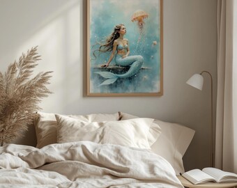 Mermaid Jellyfish Printable Wall Art – Pastel Seaside Fantasy (Digital Download)