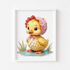 Vintage Baby Duckling Wall Art - Printable Spring Nursery Print, Cute Duck with Bonnet, Cottagecore Kids Room Decor, Digital Art 2