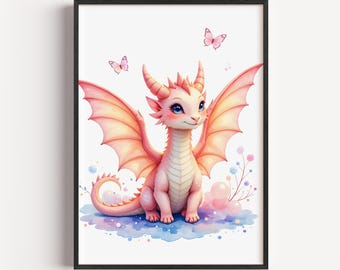 Pink Baby Dragon Watercolor Print – Pastel Nursery Fantasy Art (Digital Download)