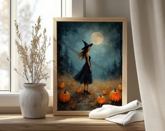 Vintage Halloween Witch Print – Moonlit Pumpkins, Cottagecore Decor (Digital Download)
