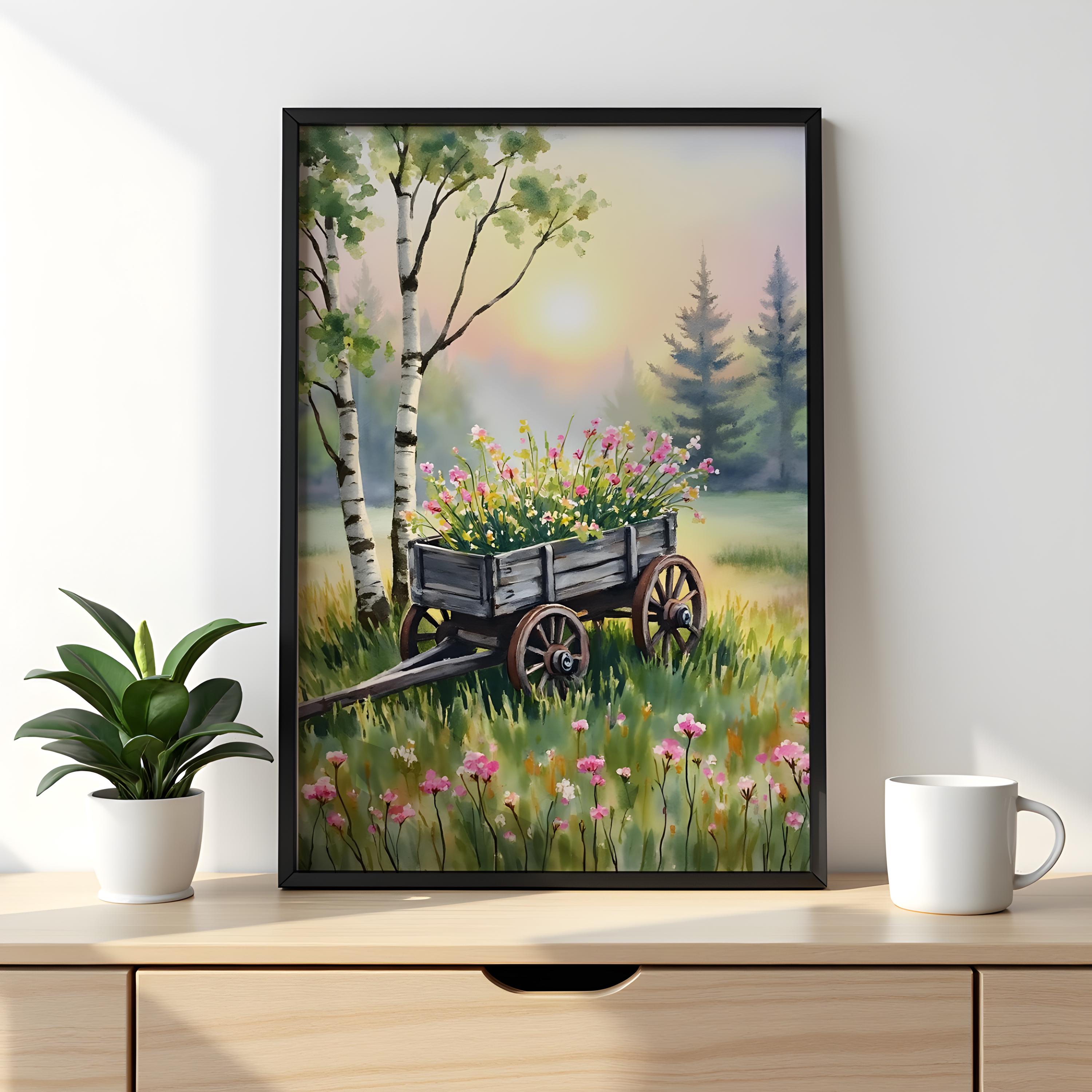 Rustic Garden Cart With Wildflowers, Cottagecore Wall Art for Living ...