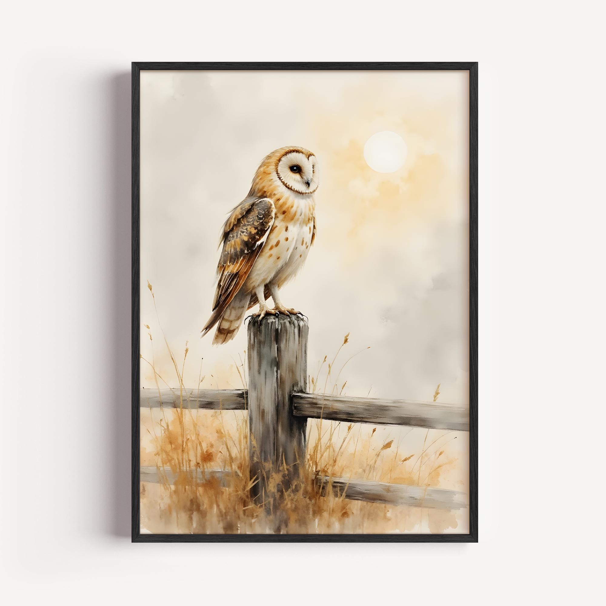 Rustic Barn Owl Printable - Cozy Cottagecore Wall Art, Watercolor Owl and Fence Scene, Weathered Far