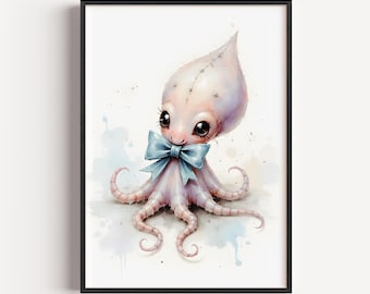 Watercolor Octopus Art Print – Baby Sea Creature Nursery Decor (Digital Download)
