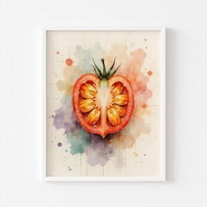 May include: Watercolor art print of a halved tomato, showcasing the vibrant red exterior and the yellow-orange interior with seeds. The tomato is set against a backdrop of colorful watercolor splashes in shades of red, orange, purple, and green.