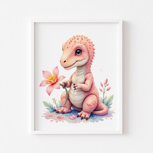 Printable Dinosaur Nursery Art - Cute Dinosaur with Flower, Kids Room Decor, Digital Wall Art, Playroom, Dinosaur Print for Children 159