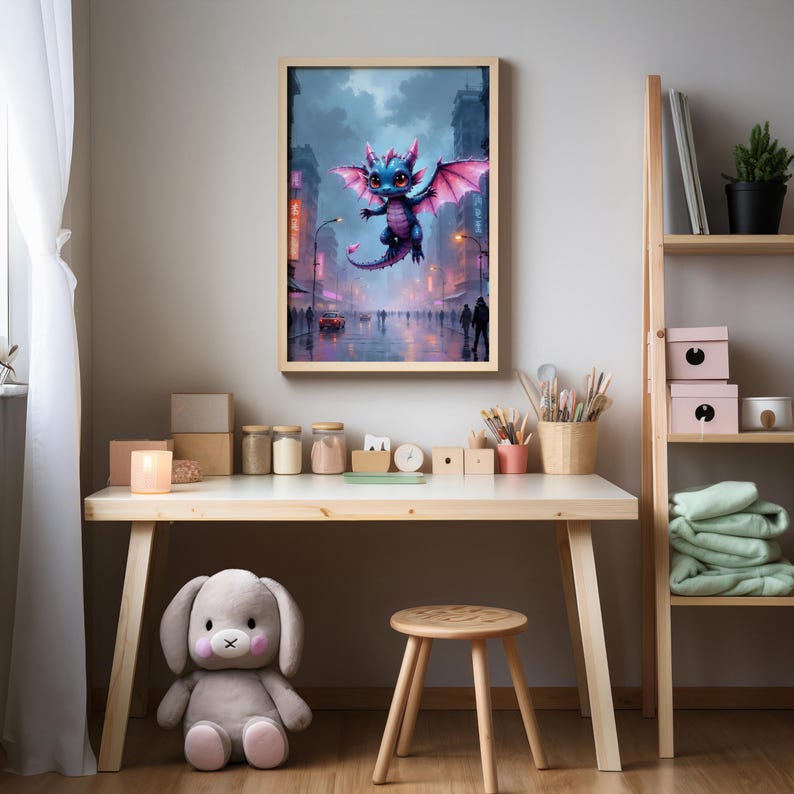 Cyberpunk Baby Dragon Print, Fantasy Kids Room Wall Art, Neon Storybook ...